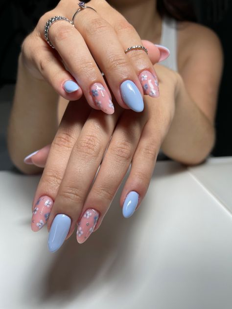 Pink And Blue Square Nails, Light Blue Nails With Flowers, Baby Blue And Pink Nails, Light Blue And Pink Nails, Blue Nails With Flowers, Nails With Flowers, Baby Pink Nails, Light Blue Nails, Baby Blue Nails