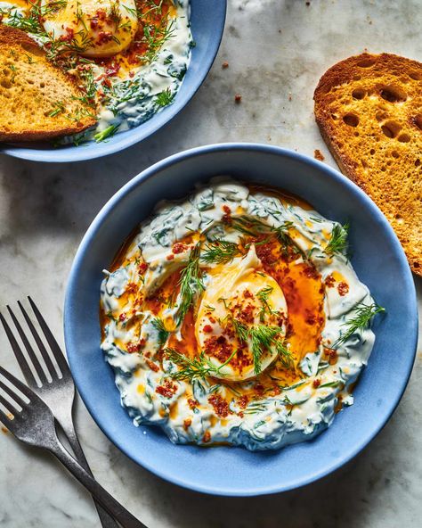 Persian Eggs Recipe (Borani Esfenaj with Poached Eggs and Aleppo Butter) | Kitchn Make Ahead Smoothies, 2024 Recipes, Persian Recipes, Turkish Breakfast, Smoothie Packs, Yogurt Dip, Breakfast Eggs, Egg Dishes, Wakey Wakey