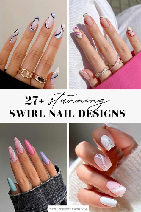 Looking for stunning swirl nail designs to inspire your next manicure in 2023? You’ll love this list of swirl nails including short, almond, coffin, square, round, and long. There’s nail ideas in all colors including pink, blue, classic white, green, black, purple, orange, with glitter and more! Short Nails With Lines, Nail Ideas Lines, Nails With Line Art, Line Nails Design, Nail Line Designs, Kendall Nails, Pink Black And White Nails, Pink Swirl Nails, White Swirl Nails