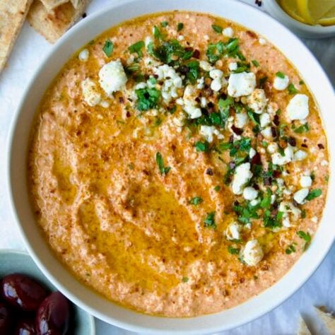 Spicy Feta Dip (Tirokafteri) - From A Chef's Kitchen Tirokafteri Recipe, Spicy Feta Dip, Spicy Feta, Parmesan Crisps, Feta Dip, Creamy Dip, Chef's Kitchen, Gravy Sauce, Mediterranean Food