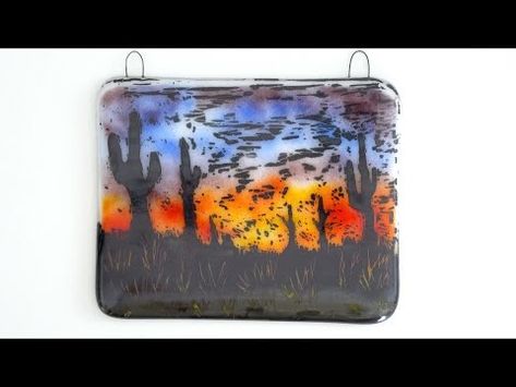 (2808) How to Make a Fused Glass Desert Sunset | Frit Painting | Enamel Sgraffito - YouTube Fused Glass Sunset, Glass Desert, Frit Painting, Sgraffito Technique, Glass Fusion Ideas, Glass Fusing Projects, Desert Sunset, Glass Fusing, Desert Landscape