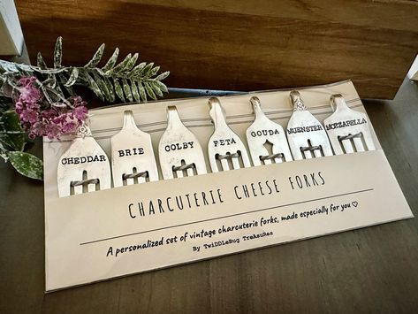 Spoon Ornaments, Cheese Markers, Vintage Forks, Stamped Spoons, Vintage Silverware, Personalized Gift Tags, Display Cards, Charcuterie Board, Ornament Gifts