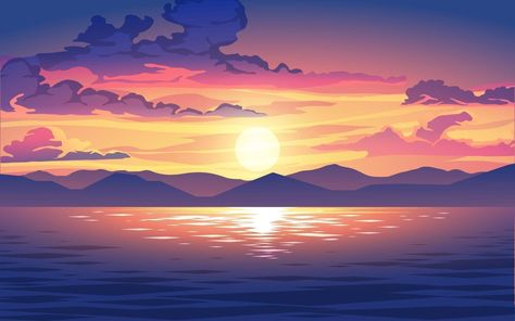 Vector Sunset or Sunrise in Ocean with Clouds Sunrise Drawing, Sea Illustration, Cloud Vector, Artsy Photos, Desktop Wallpaper Art, Background Drawing, Sunset Wallpaper, Landscape Illustration, Anime Drawings Boy