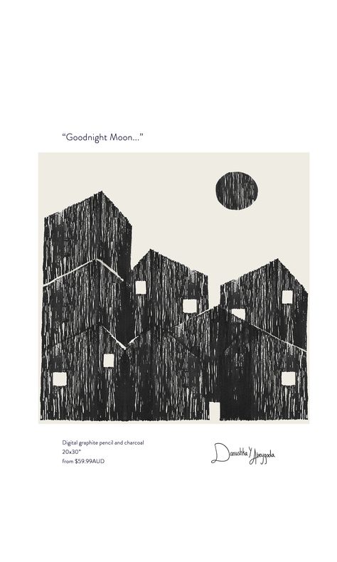 A modern village or an urban neighborhood, all united under the one moon, made of the same inked texture. I imagine all the occupants going to bed, putting their kids to bed, all saying goodnight to each other and to the moon, with the passing of another day. At home, and at ease. This was created with a twig and ink, then finished digitally in Photoshop. Urban Neighborhood, Moon Made, Goodnight Moon, Good Night Moon, Going To Bed, Unframed Art Prints, Posters Framed, Square Art, Paper Frame