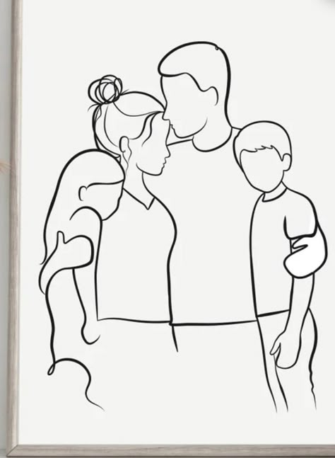 Family Sketch Simple, Family Pic Drawing, Family Aesthetic Drawing, Family Doodle Art, Family Of 3 Drawing, Family Easy Drawing, Line Art Family Of 4, Family Of 4 Drawing, Family Pencil Drawing