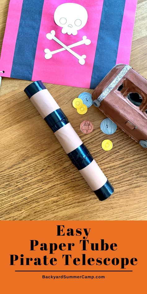 Make a simple paper tube pirate telescope using 3 toilet rolls for a fun and easy craft that looks like a spyglass. Learn how at Backyard Summer Camp. Pirate Telescope Craft, Periscope Craft, Telescope Craft, Pirate Telescope, Dinosaur Books For Kids, Pirate Activities, Pirate Crafts, Backyard Summer, Birthday 5