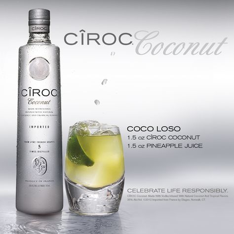 Coco Loso - change to a splash of pineapple juice and top with ginger ale or soda water Ciroc Drinks, Ciroc Coconut, Ciroc Recipes, Bomb Drinks, Dessert Shooters, Duty Free Shop, Drinks Tea, Wedding Drinks, Rum Drinks