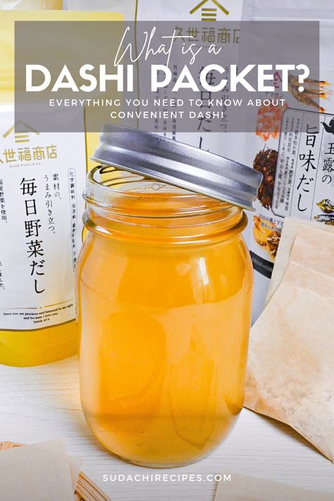 Dashi made with dashi packet in a jar Cooking Staples, Dashi Recipe, Dashi Stock, Dashi Broth, Using Chopsticks, Asian Fusion, Japanese Cooking, Saving Time, Tasty Food