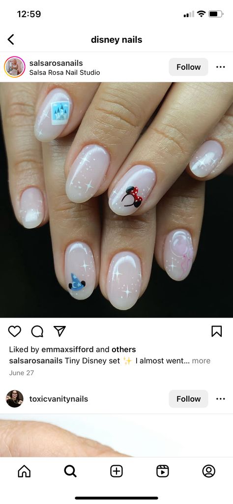 Snow White Theme Nails, Disney Nails Cruise, Epcot Nail Art, Ratatouille Nail Art, Disney Cruise Nail Art, Disney Parks Nails, Short Almond Disney Nails, Disney Snack Nails, Sorcerer Mickey Nails