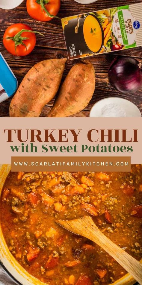 Try this comforting sweet potato turkey chili recipe. Made with ground turkey and packed with delicious Fall flavors. Baked Potatoes With Shrimp, Ground Turkey And Sweet Potatoes, Ground Turkey And Sweet Potato Recipe, Ground Turkey Chili Recipe, Turkey Sweet Potato Chili, Turkey And Sweet Potato, Ground Turkey Burgers, Homemade Seasoning Mixes, Stovetop Recipes