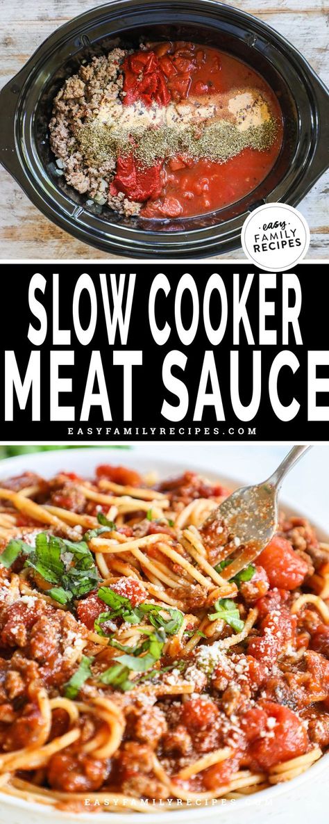 2 image collage with sauce ingredients in crock pot before being mixed and a plate of spaghetti noodles tossed with sauce, garnished with fresh sliced basil, and a fork scooping some up. Crock Pot Pasta Sauce, Crockpot Spaghetti Sauce, Slow Cooker Spaghetti Sauce, Crockpot Meat, Slow Cooker Meat, Best Spaghetti Sauce, Crockpot Spaghetti, Slow Cooker Spaghetti, Spaghetti Meat Sauce