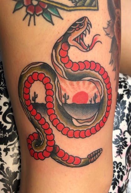 #arizona #rattlesnake #traditionalamerican #traditional Traditional Rattlesnake Tattoo Design, Rattlesnake Traditional Tattoo, American Traditional Rattlesnake Tattoo, Traditional Style Snake Tattoo, Traditional Native Tattoo, Western Snake Tattoo, Cowboy American Traditional Tattoo, Traditional Rattlesnake Tattoo, Traditional Desert Tattoo