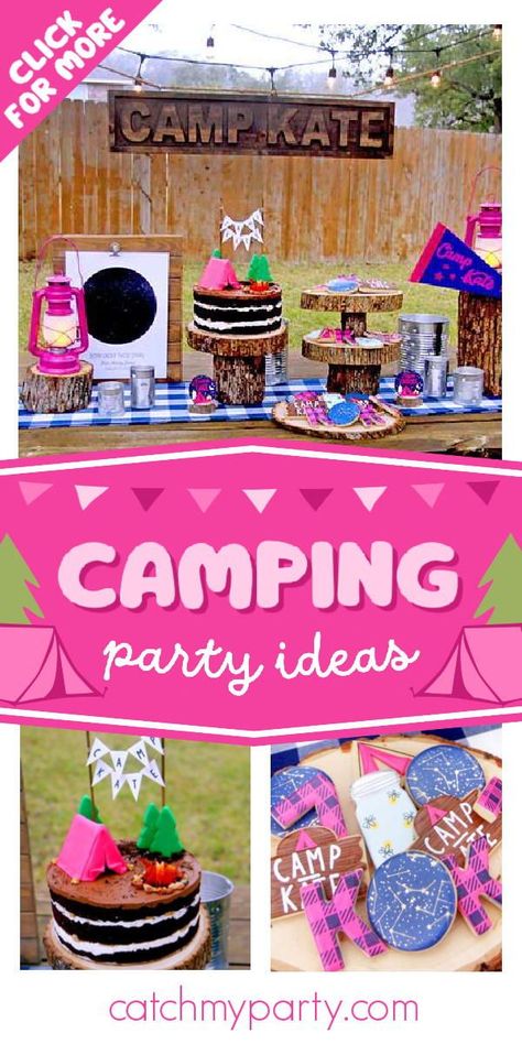 Glamping Birthday Cookies, Seventh Birthday Party Themes, Rv Birthday Party Ideas, Kids Glamping Party, Backyard Glamping Birthday Party, Girl Camping Birthday Party, Girls Glamping Birthday Party, Girls 9th Birthday Party Ideas, Camp Out Birthday Party Ideas