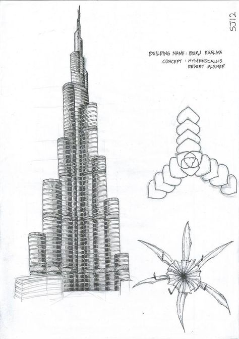 The design of Burj Khalifa was inspired by the desert flower Hymenocallis. Architects also incorporated patterns from Islamic architecture. Monument Drawing, Organic Architecture Concept, Organic Interior Design, Tallest Building In The World, Wedding Table Name Cards, Organic Interior, Dubai Architecture, Airport Design, Art Sketches Doodles