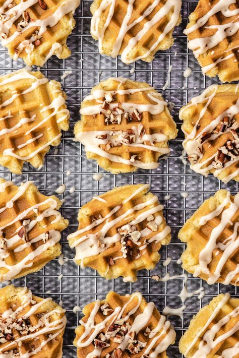 Belgian Waffle Cookies, Waffle On A Stick Ideas, Waffle Cookies Recipe, Waffle Iron Cookies, Fall Waffles, Chewy Sugar Cookie Recipe, Maple Cookies, Dessert Waffles, Waffle Iron Recipes