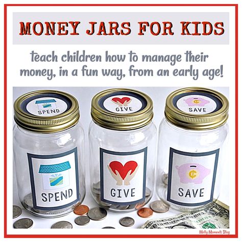 Teach kids how to manage their money with these 3 jars - Spend, Save, and Give! Children can earn allowance and make responsible choices with it! Instant digital download for printable jar labels at MellyMoDesignCo! Spend Save Give Jars Diy, Kids Money Jars, Marble Chore Jar Reward System, Kids Allowance, Pocket Money Chore Chart, Matter For Kids, Teaching Kids Financial Responsibility, Good Character Traits, Money Jar