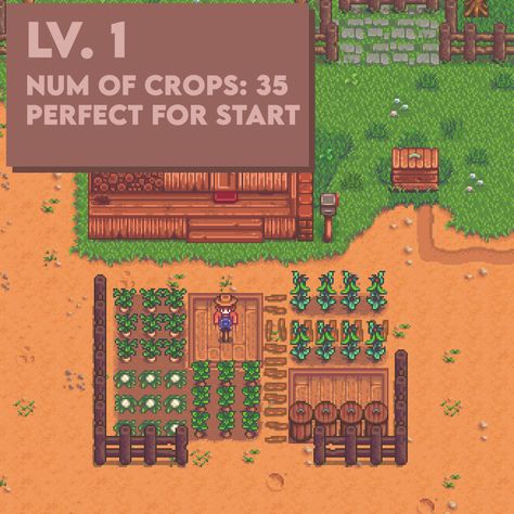 Stardew Valley Summer Crops Layout, Stardew Valley Small Farm, Stardew Valley Starter Farm Layout, Stardew Valley Scarecrow Layout, Stardew Valley Farm Layout Standard Simple, Stardew Valley Beginner Tips, Sdv Farm Layout Standard, Stardew Valley Sprinkler Layout, Stardew Valley Meadowlands Farm Layout 1.6