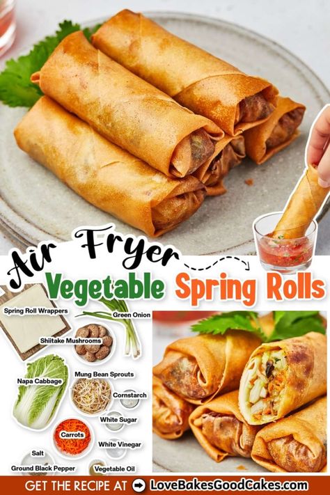 Love Bakes Good Cakes - RECIPE - https://buff.ly/3SrBWWN Air Fryer Vegetable Spring Rolls are crispy and flavorful treats made with fresh veggies and wrapped in a delicate pastry that's air-fried to perfection. With their crunchy exterior and savory filling, these spring rolls are sure to be a hit at any gathering or as a tasty snack. | Facebook Air Fryer Spring Rolls, Gluten Free Egg Rolls, Air Fryer Vegetable, Veggie Egg Rolls, Spring Roll Pastry, Love Bakes Good Cakes, Good Cakes, Sugar Carrots, Fried Spring Rolls