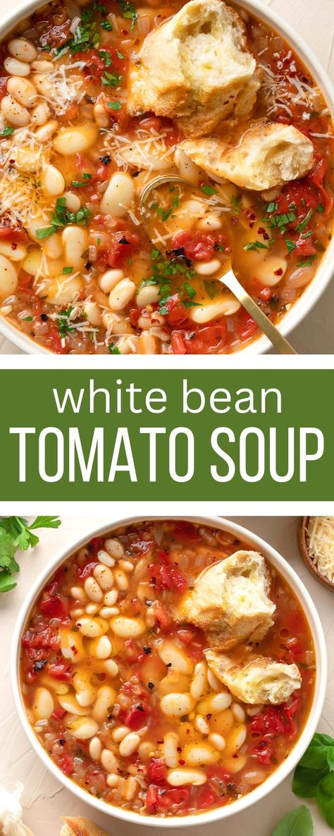 soup with noodles, white beans, and tomato Chunky Soups, Bean Tomato Soup, Bean And Tomato Soup, White Bean Tomato, Belly Ache, Vegetarian Soups, Viral Recipes, Cozy Soup, Best Vegetarian Recipes