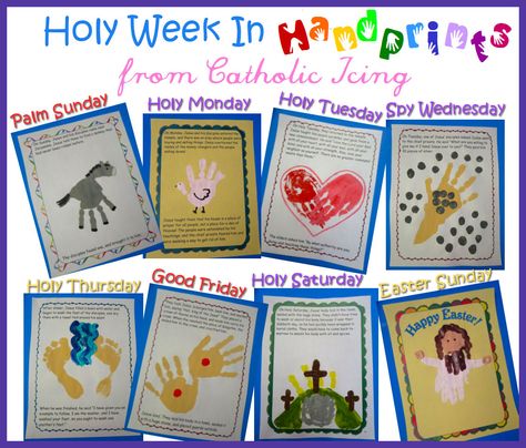 I made a printable book that tells the story of Holy Week for children. The story is adapted from the book of Matthew, and the story is illustrated by your child and his or her handprints. :-) Each... Holy Week Activities, Good Friday Crafts, Catholic Icing, Lenten Activities, Easter Religious Crafts, Palm Sunday Crafts, Preschool Easter, Holy Thursday, Holy Saturday