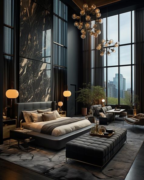 If my home looked like this, I would stay home all day✨🖤 We design spaces worldwide, find out more information on our website! #interiordesign #interior Black Marble Bedroom, Black Home Interior Design, Black Luxury Bedroom, Marble Accent Wall, Marble Bedroom, Dark Deco, Nyc Townhouse, Luxury Mansions Interior, Jaali Design