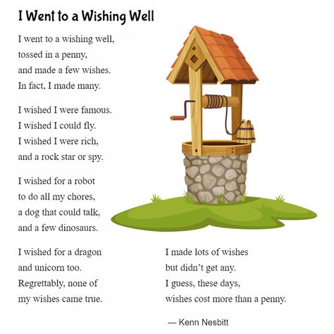 English Poem For Grade 2, Wishing Well Quotes, 20 Line Poems, English Poems For Children, English Recitation, Wishing Well Poems, Funny Poems For Kids, List Poem, Poem For Kids