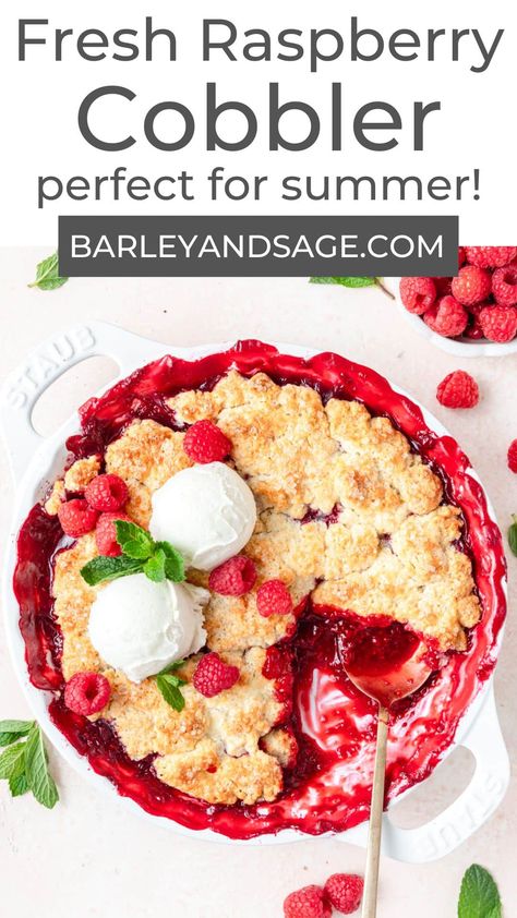 This simple raspberry cobbler is made with tart raspberries and has a cream biscuit like topping. Top with vanilla ice cream for a classic, southern summer dessert! Triple Berry Crisp, Mixed Berry Dessert, Berry Crumble Recipe, Mixed Berry Crisp, Berry Crisp Recipe, Raspberry Cobbler, Fruit Crisp Recipe, Easy Summer Dessert Recipes, Crisp Desserts