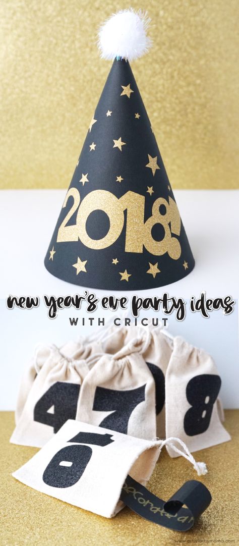 These New Year's Eve Party Ideas can all be made with the Cricut to make your party one to remember! #CricutMade #CricutHoliday Cricut New Years Eve Decorations, New Year Cricut Projects, Cricut New Years Projects, Simple New Years Eve Decorations, Nye Traditions, Diy New Years Eve Decorations, New Years Eve Events, New Year's Eve Crafts, Nye Decorations