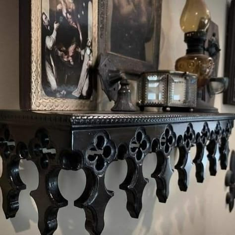 Gothic Wall Shelves, Cathedral Shelf, Gothic Mantle, Medieval Decoration, Gothic Store, Gothic Shelf, Gothic Interior Design, Gothic Stuff, Goth Things