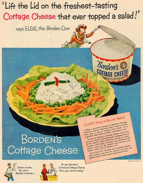 Borden's Cottage Cheese - 1951 Cottage Cheese Salad, Elsie The Cow, Canned Meats, Corned Beef Hash, Beef Hash, Meat Snacks, Print Advertisement, Food Ads, Flavored Drinks