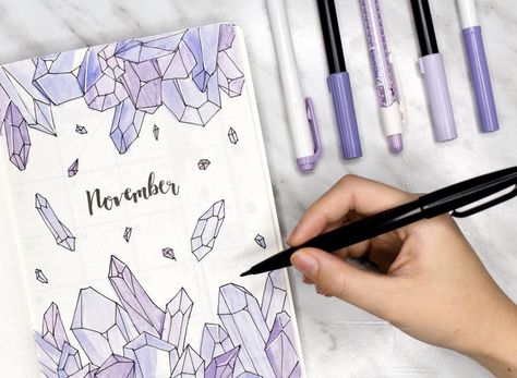 23 Crystal inspired bullet journal spreads | My Inner Creative Kunstjournal Inspiration, Bullet Journal Month, Bullet Journal 2019, Bullet Journal Cover Page, Bullet Journal Spreads, Plan With Me, Bujo Ideas, Dot Journals, Bullet Journal Themes