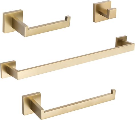 Amazon.com: TURS Brushed Gold Bathroom Accessories 4-Pieces Bathroom Hardware Set Square Towel Bar Set Stainless Steel Towel Holder Set : Tools & Home Improvement Wc Decoration, Gold Bathroom Accessories, Hand Towel Holder, Bathroom Accessories Sets, Bathroom Hardware Set, Gold Bathroom, Stainless Steel Bathroom, Bathroom Towel Bar, Towel Rack Bathroom