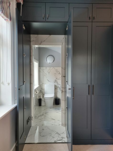 Hidden Wardrobe Doors, Hidden Ensuite Wardrobe, Hidden Bathroom Door In Wardrobe, Bifold Door Bathroom, Hidden Ensuite, Closet With Bathroom, Closet Hidden Door, Hidden Bathroom Door, Bathroom Armoire