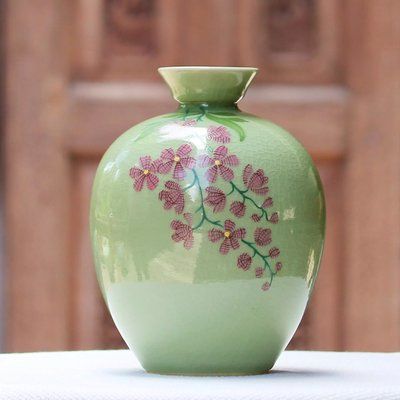 Bloomsbury Market Campa Round Garden Table Vase Round Garden Table, Celadon Ceramics, Round Garden, Celadon Glaze, Paper Wall Hanging, Pottery Painting Designs, Art Animation, Art Animals, Vase Shapes