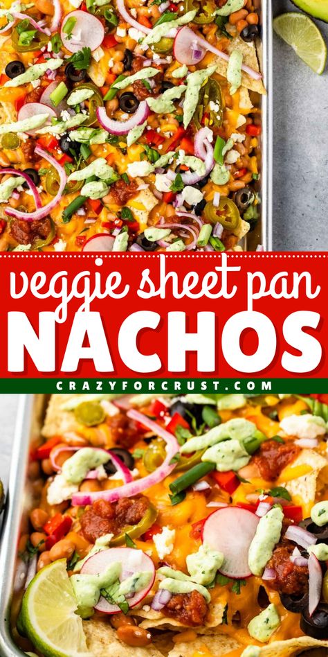 An easy game day recipe in 30 minutes! These vegetarian nachos are a simple crowd-pleasing appetizer recipe. Loaded with cheese, salsa, and garnishes, these Veggie Sheet Pan Nachos are a fun football party food idea! Veggie Sheet Pan, Veggie Nachos, Sheet Pan Nachos, Pan Nachos, How To Make Nachos, Football Treats, Vegetarian Nachos, Football Party Foods, Homemade Nachos