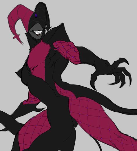 Jester Demon Art, Dark Jester Character Design, Asmodeus Character Design, Harlequin Character Design, Female Dullahan, Jester Creature, Jester Outfit Design Male, Jester Drawing Reference, Clown Oc Art Male