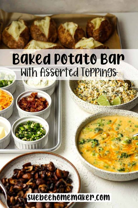 Indulge in a create-your-own Baked Potato Bar with lots of tasty toppings. Use our easy method to make perfectly crispy potatoes, and then add your favorite toppings for the best-loaded baked potato experience! Toppings For Baked Potatoes Bar, Baked Potatoes Toppings Ideas, Baked Potato Bar Ideas Toppings, Baked Potato Bar For A Crowd, Bake Potato Bar, Baked Potato Bar Wedding, Potato Bar Ideas Toppings, Baked Potato Party, Toppings For Baked Potatoes