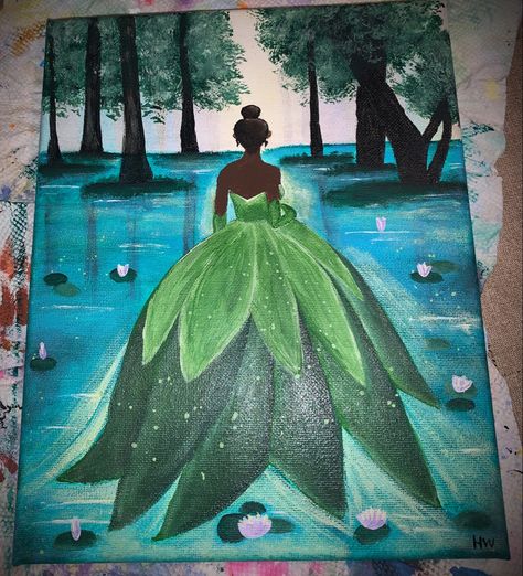 Princess and the Frog painting, acrylic painting, princess Painting Of Princess, Tiana Canvas Painting, Princess And The Frog Easy Painting, Painting Ideas On Canvas Princess And The Frog, Princess In The Frog Painting, Easy Princess Painting, Princess And The Frog Painting Canvas Easy, Princess And The Frog Drawing Ideas, Princess And The Frog Senior Parking Spot