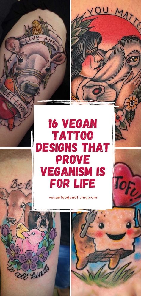 vegan tattoo ideas and animal tattoos Vegan Traditional Tattoo, Vegan Animal Tattoo, Vegan Tattoos Ideas, Vegan Tattoo Ideas Unique, Vegetarian Tattoo Ideas, Animals Sleeve Tattoo, Veganism Tattoo, Vegan Tattoo Minimalist, Tofu Tattoo