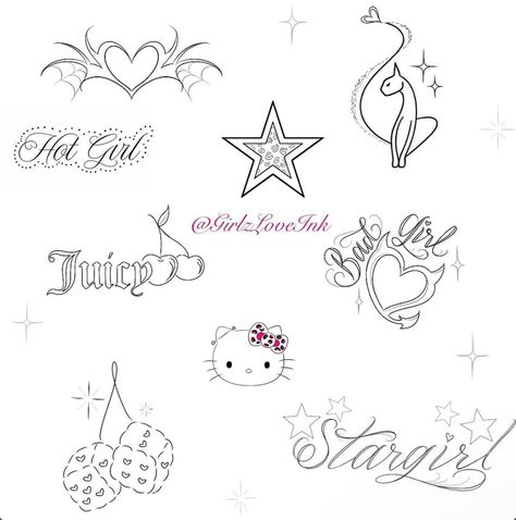 Small Stencil Tattoos, Baby Phat Tattoo, Bratz Doll Tattoo Ideas, Chicano Tattoo Flash, Early 2000s Tattoos, Pretty Tattoos For Women Classy, Small Baddie Tattoos, 2000s Tattoo Ideas, 90s Flash Tattoo