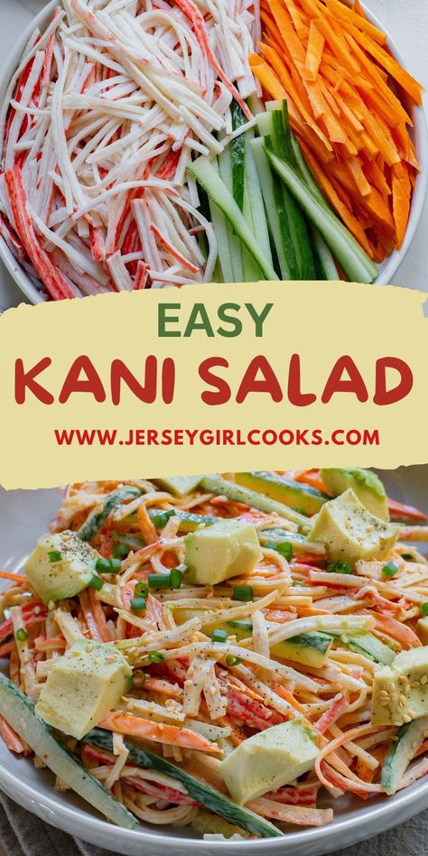 Discover the ultimate Kani Salad delight! This Japanese crab stick salad is a sushi restaurant favorite and it's a breeze to make at home. Combine imitation crab meat, fresh veggies and a creamy, spicy mayo dressing for a crab salad that's sure to tantalize your taste buds. Create a stunning Kani Salad right in the comfort of your own kitchen and enjoy the taste of your favorite sushi restaurant at home. Click to get this amazing and simple Kani recipe. #kanisalad #crabsalad Spencer Watts Big 30 Recipes, Sushi Salad Recipe, Koni Salad Recipe, Kani Salad Recipe Easy, Japanese Crab Salad Recipe, Kani Salad Spring Roll, Connie Salad Sushi, Japanese Kani Salad Recipe, Crab Salad Recipe Sushi