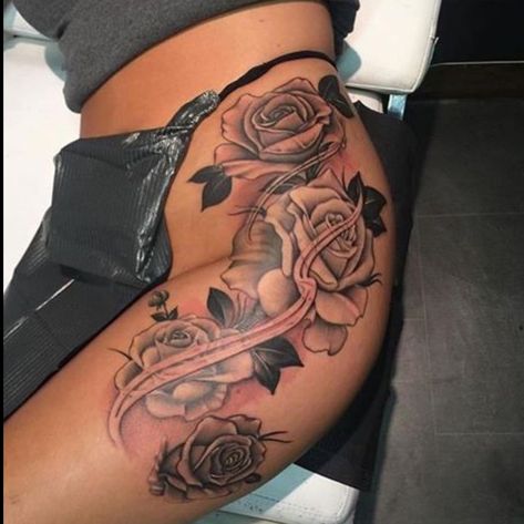 Hip Tattoos Black Women, Side Tattoos Women Hip Thighs, Big Thigh Tattoos For Women, Side Thigh Tattoos Women, Side Tattoos Women, Side Thigh Tattoos, Cute Thigh Tattoos, Girl Thigh Tattoos, Thigh Tat