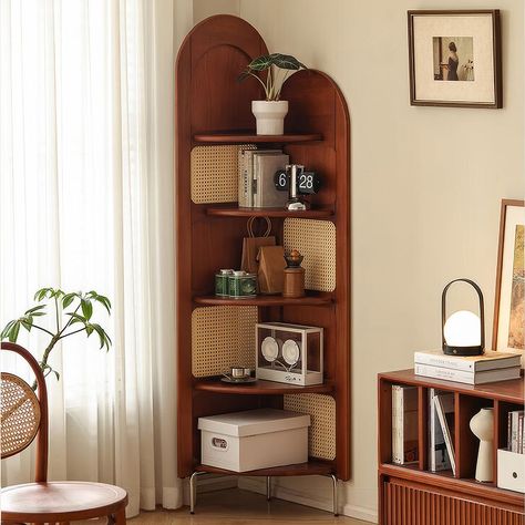 Hernest Mid-Century Walnut Corner Bookcase with Rattan Design, 5 Tier Wooden Bookshelves with Stainless Metal Legs for Living Room and Home Office