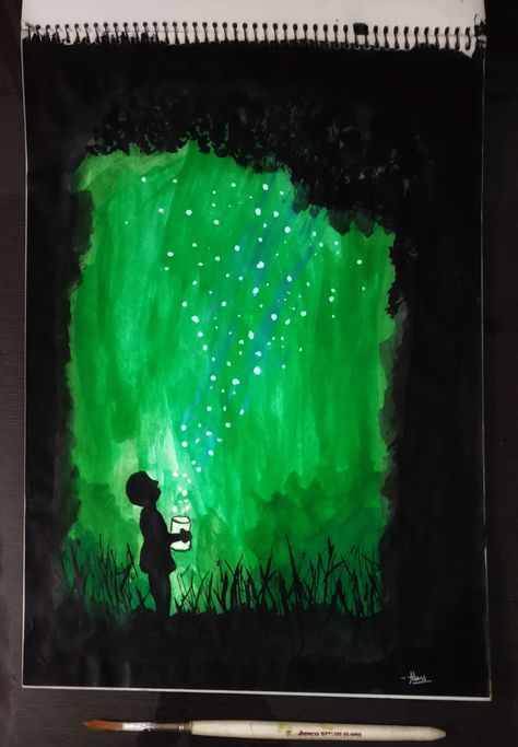 Firefly Watercolor Paintings, Mystical Paintings Easy, Black Light Painting Ideas Easy, Painting Fireflies, Firefly Painting, Dogs Camping, Acrylic Painting For Kids, Fence Painting, Sky Watercolor