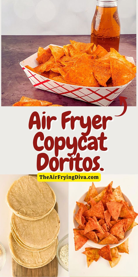 10 minute Air Fryer Copycat Doritos Recipe Homemade Potato Chips Deep Fryer, Healthy Homemade Doritos, Home Made Doritos Chips, Air Fryer Doritos, Diy Tortilla Chips Air Fryer, Air Fryer Dorito Nachos, Diy Doritos Chips, Dorito Seasoning Recipe, Spicy Sweet Chili Doritos Seasoning