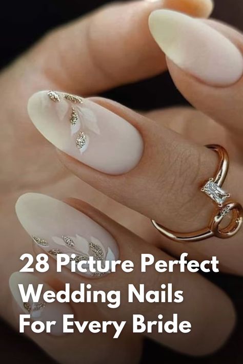 Check out these gorgeous 28 picture perfect wedding nail designs for every bride. Click to view more. Wedding Nails With Accent Nail, Fall Nails Wedding Brides, Wedding Day Bride Nails, Wedding Oval Nails For Bride, Bridal Nails Short Almond, Glitter Bride Nails, Wedding Fingernails Brides, Delicate Wedding Nails, Bridal Nails Wedding Elegant Almond Shape