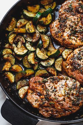 Garlic Butter Herb Pork Chops with Zucchini - This complete Paleo meal is quick, easy and effortless! Optavia Pork Chop Recipes, Evening Desserts, Herb Pork Chops, Butter Herb, Paleo Pork, Pork Recipes Easy, Juicy Pork Chops, Boneless Pork Chops, Baked Pork