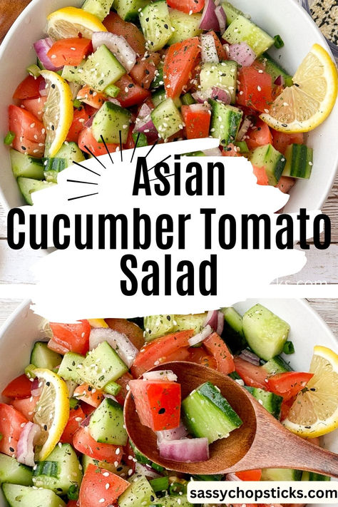 Asian cucumber tomato salad Thai Cucumber Tomato Salad, Asian Cucumber Tomato Salad, Japanese Cucumber Salad Vinegar, Asian Tomato Salad, Asian Tomato Recipes, Cucumber Tomato Salad Dressing, Tomato Salad Dressing, Asian Salad Recipe, Cucumber Tomato Avocado Salad