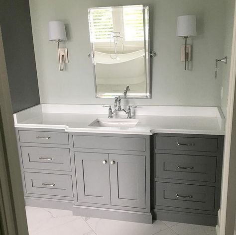 Grey Cabinet Paint Color: Sherwin Williams SW 7067 Cityscape. Cityscape Sherwin Williams, Sw Cityscape, Bathroom Cabinet Colors, Grey Bathroom Cabinets, Bathroom Grey, Bathroom Cabinets Diy, Painting Bathroom Cabinets, Bathroom Cabinets Designs, Grey Bathroom Vanity