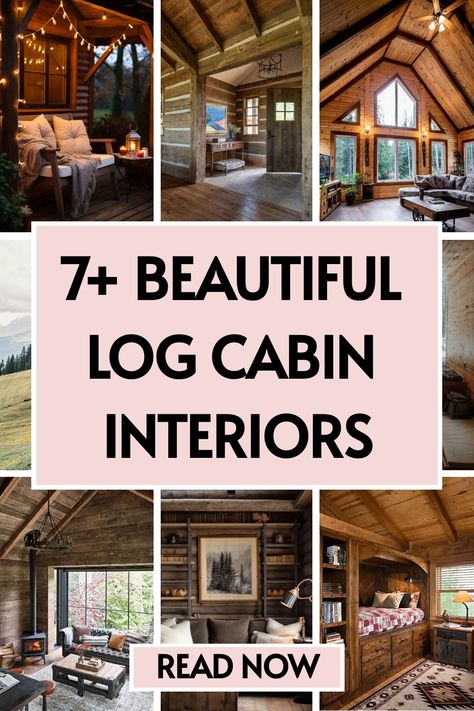 7 log cabin interiors Cabin With A View, Decorating A Log Cabin Interiors, Blue Cabin Interior, Tiny Cabin Interior Ideas, Cozy Cabin Design, Indoor Cabin Ideas, Log Cabin Fireplace Ideas, Log Cabin Aesthetic Interior, How To Decorate A Cabin